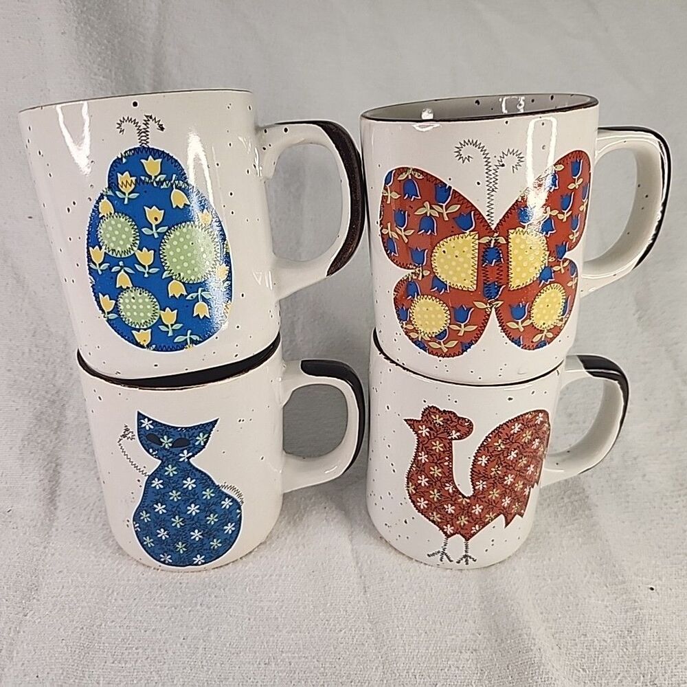 Coffee Cup Otagiri Japan Speckled Stoneware Animal Mug MCM Set of 4 70s Vintage